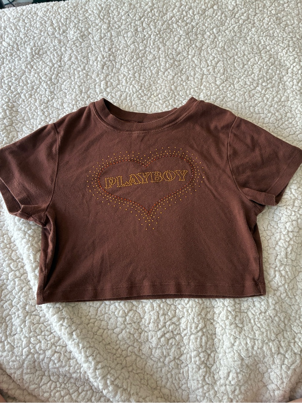 PLAYBOY Brown Rhinestone Heart Crop Tee